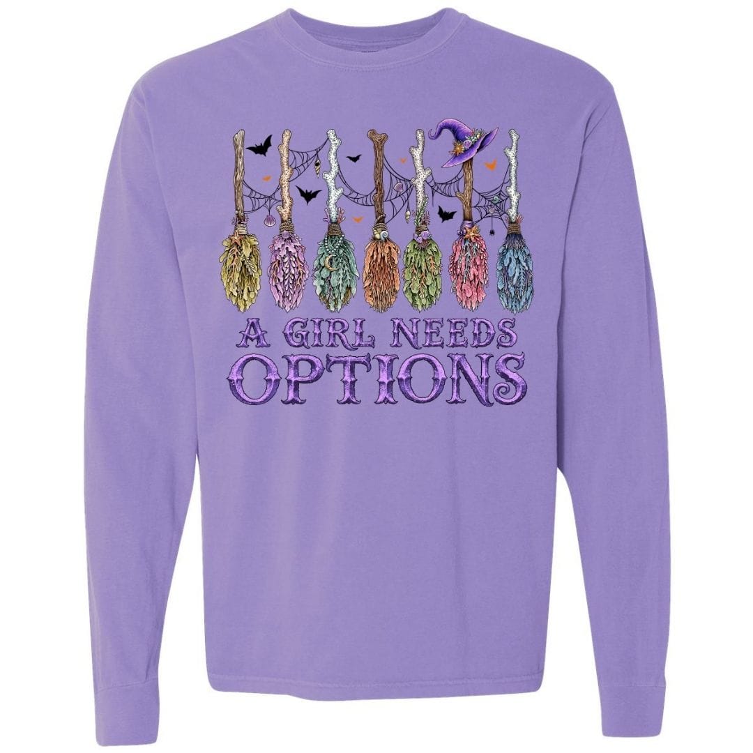 Mountains & Mermaids A Girl Needs Options Long Sleeve T-Shirt Small / Violet
