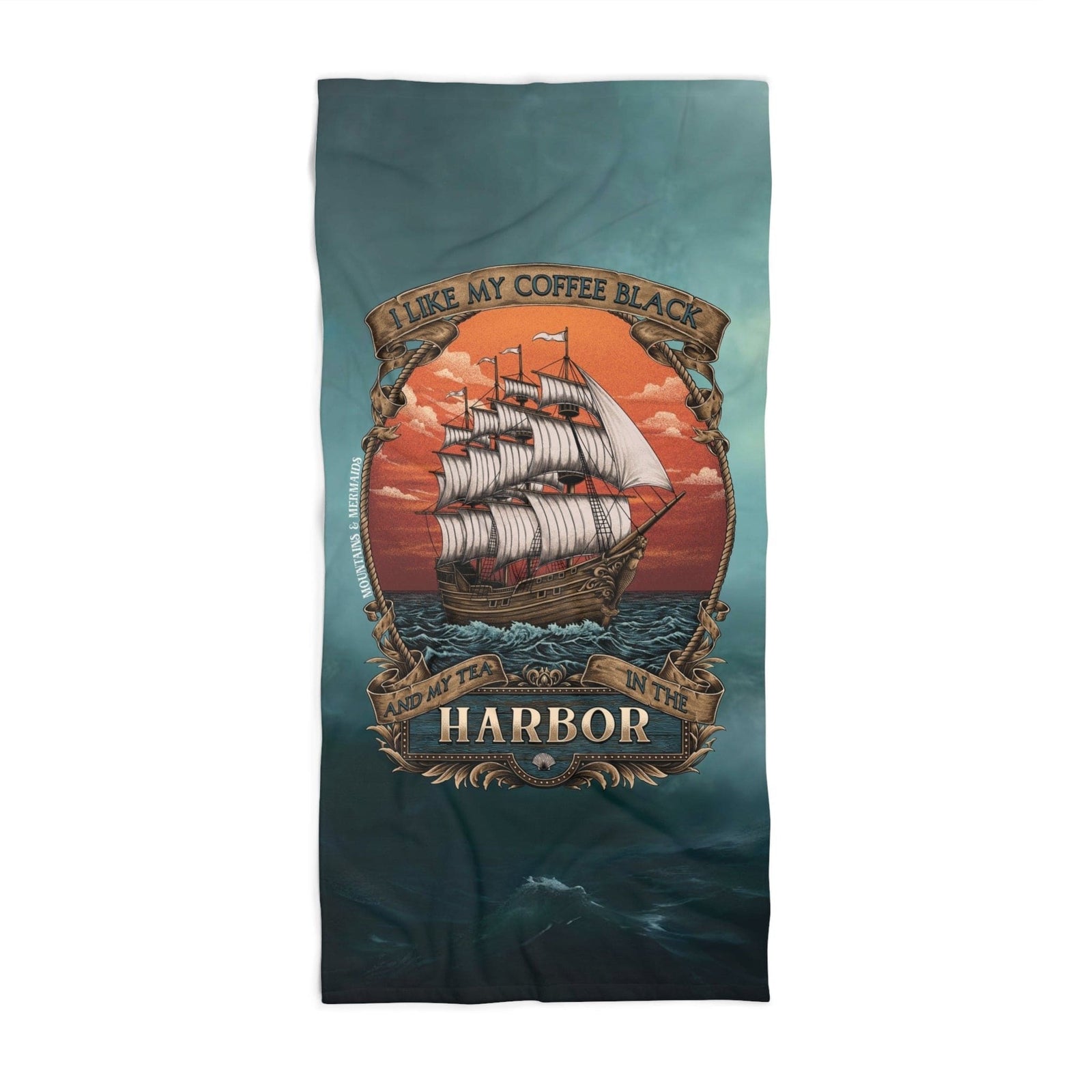 Mountains & Mermaids Black Harbor Beach Towel 36" × 72" 21291591365625950664