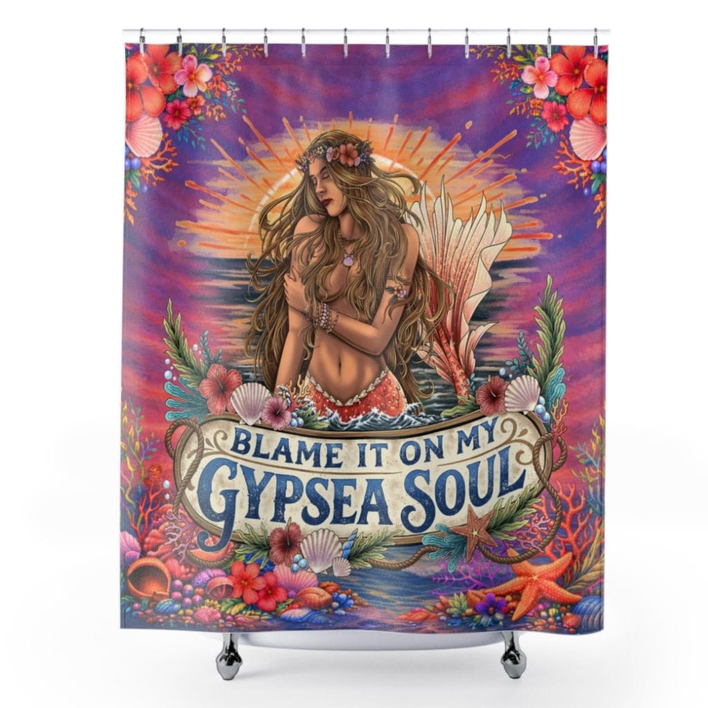 Mountains & Mermaids Blame It On My Gypsea Soul Mermaid Shower Curtain 71" × 74" 28932671133455624863