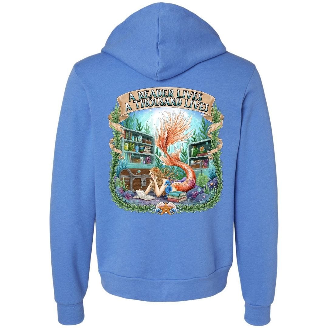 Mountains & Mermaids Bookish Mermaid Full Zip Fleece Hoodie Small / Carolina Blue