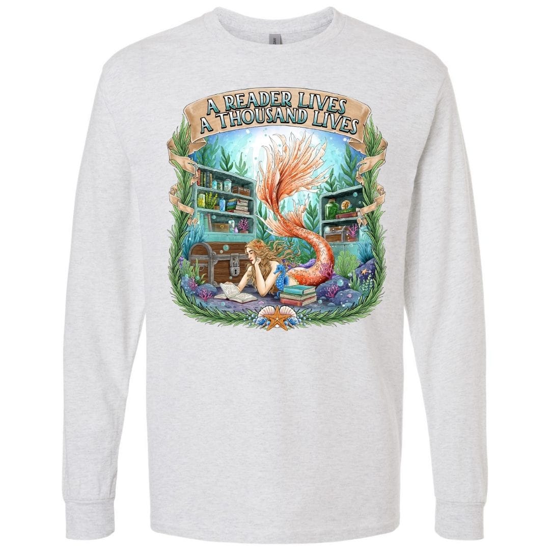 Mountains & Mermaids Bookish Mermaid Long Sleeve T-Shirt Small / Heather Gray