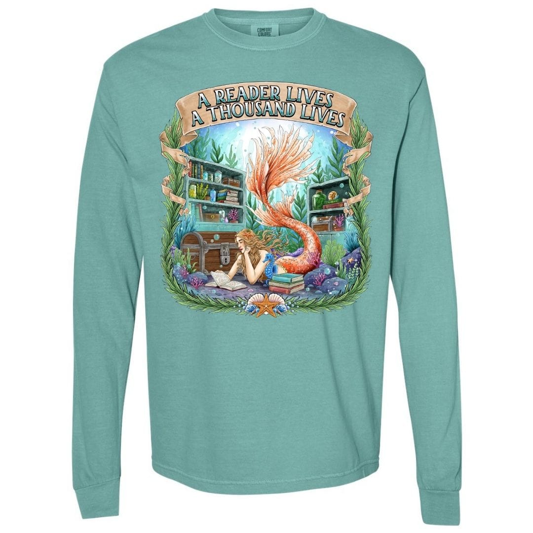 Mountains & Mermaids Bookish Mermaid Long Sleeve T-Shirt Small / Seafoam