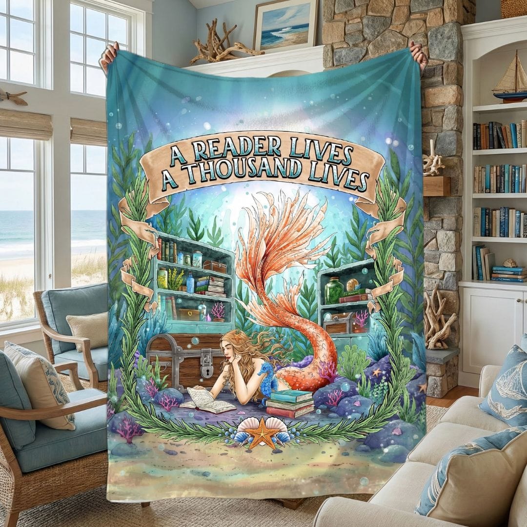 Mountains &amp; Mermaids Bookish Mermaid Plush Blanket 50" × 60" 37092883692151758122