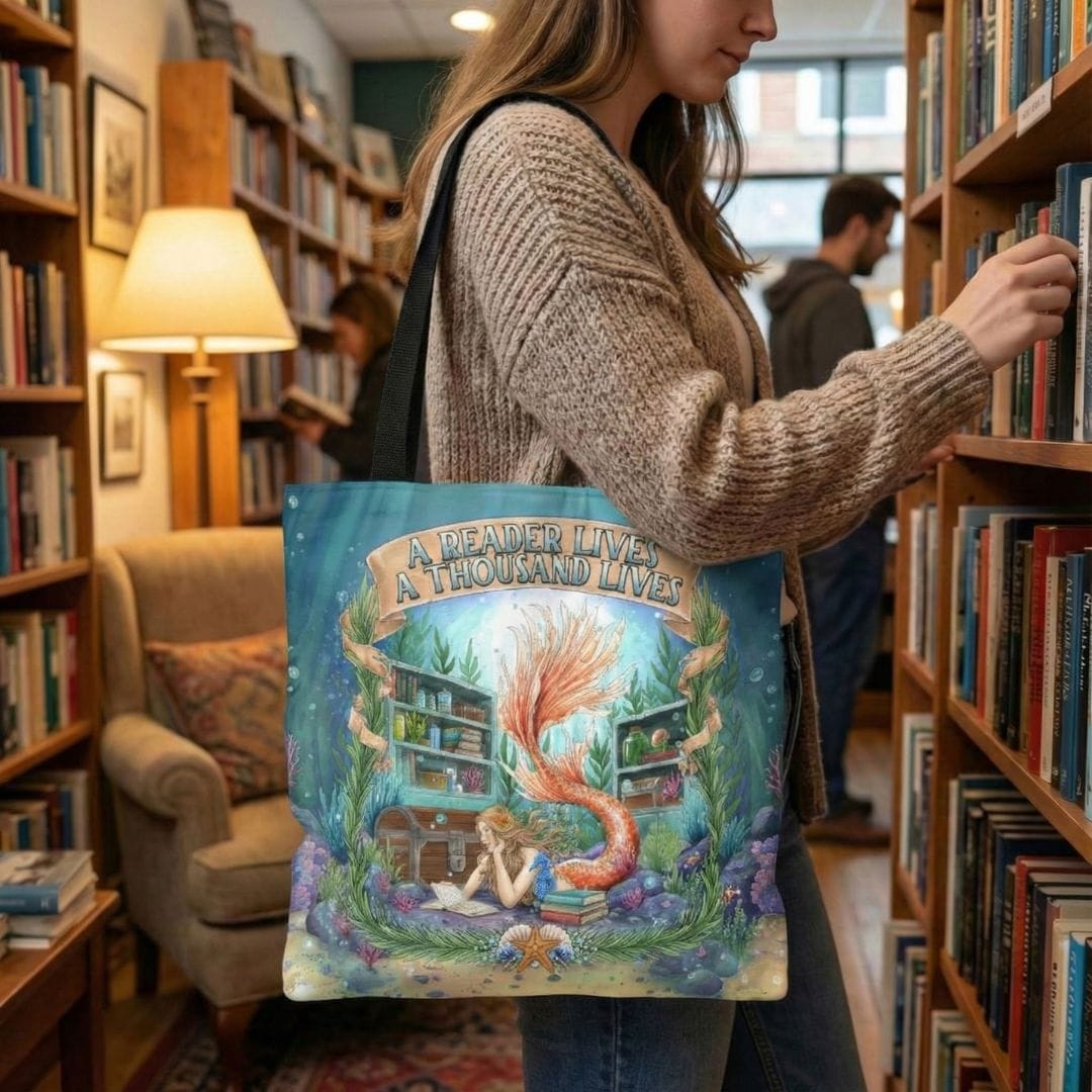 Mountains & Mermaids Bookish Mermaid Reader Tote Bag 18" × 18'' 24150169916011300340