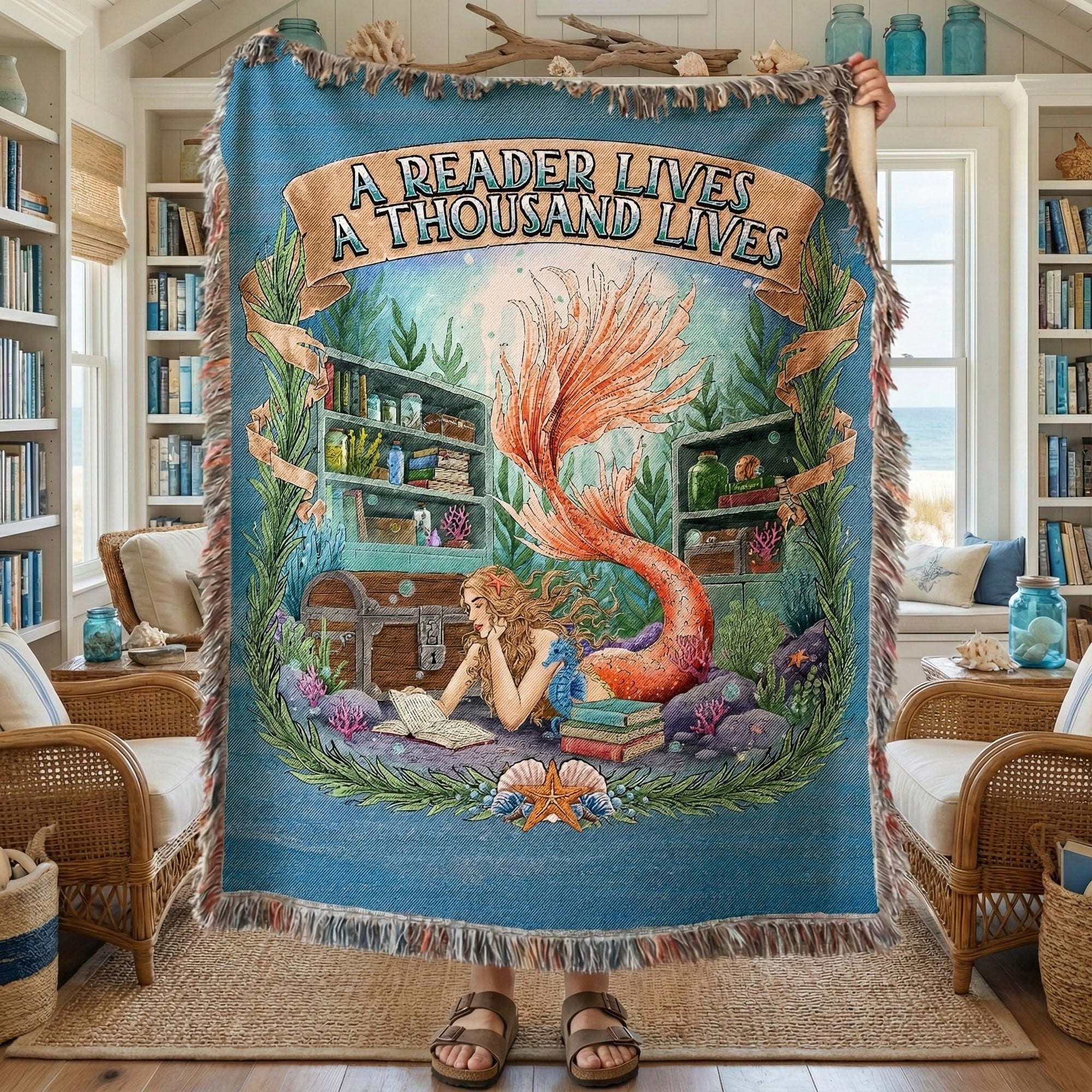 Mountains & Mermaids Bookish Mermaid Woven Blanket 52'' × 37'' 15356676087057584883