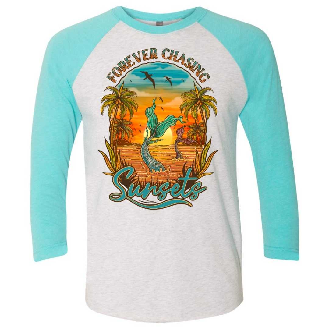 Mountains &amp; Mermaids Chasing Sunsets Baseball T-Shirt (Tahiti) Small