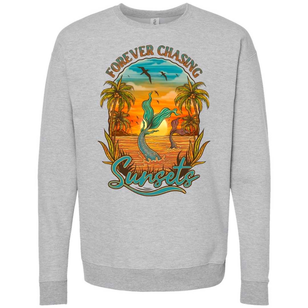 Mountains &amp; Mermaids Chasing Sunsets Crewneck Sweatshirt (Gray) Small