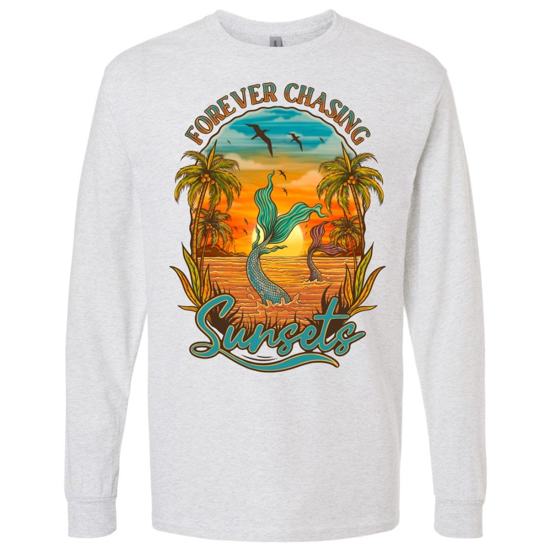 Mountains & Mermaids Chasing Sunsets Long Sleeve T-Shirt (Ash) Small