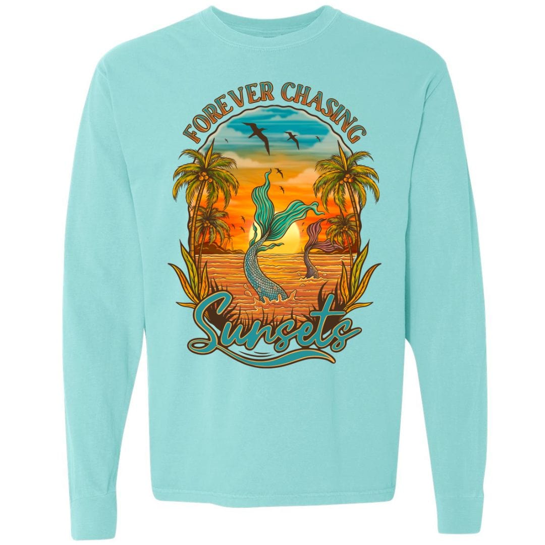 Mountains & Mermaids Chasing Sunsets Long Sleeve T-Shirt (Chalky Mint) Small