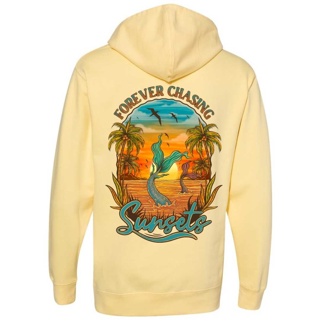 Mountains &amp; Mermaids Chasing Sunsets Pullover Hoodie (Butter Yellow) Small