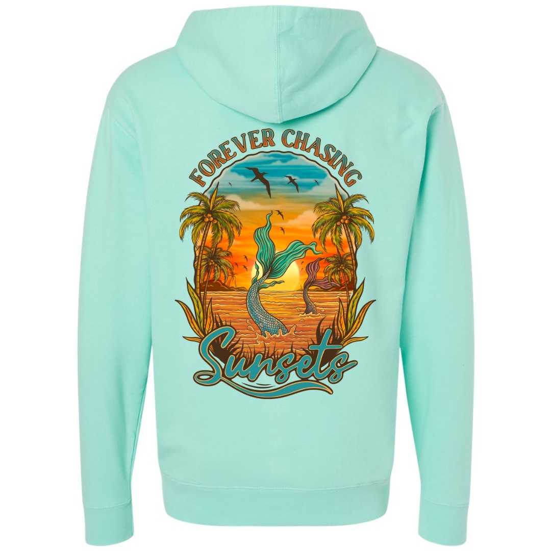 Mountains &amp; Mermaids Chasing Sunsets Pullover Hoodie (Mint) Small