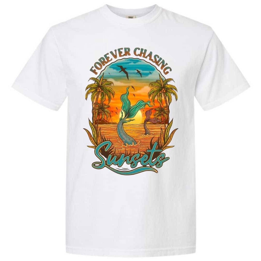 Mountains &amp; Mermaids Chasing Sunsets Short Sleeve T-Shirt (White) Small