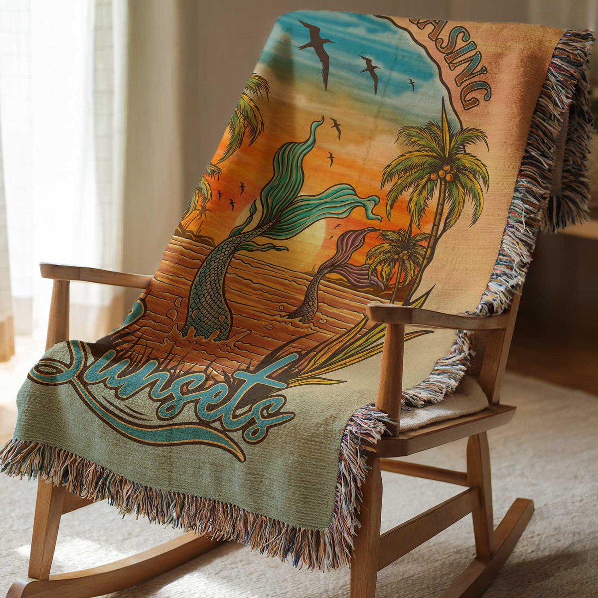 Mountains & Mermaids Chasing Sunsets Woven Blanket
