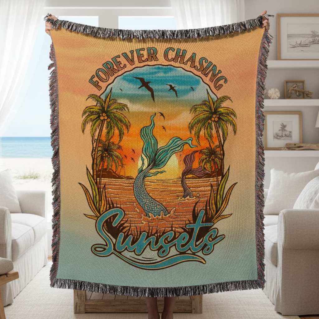 Mountains &amp; Mermaids Chasing Sunsets Woven Blanket