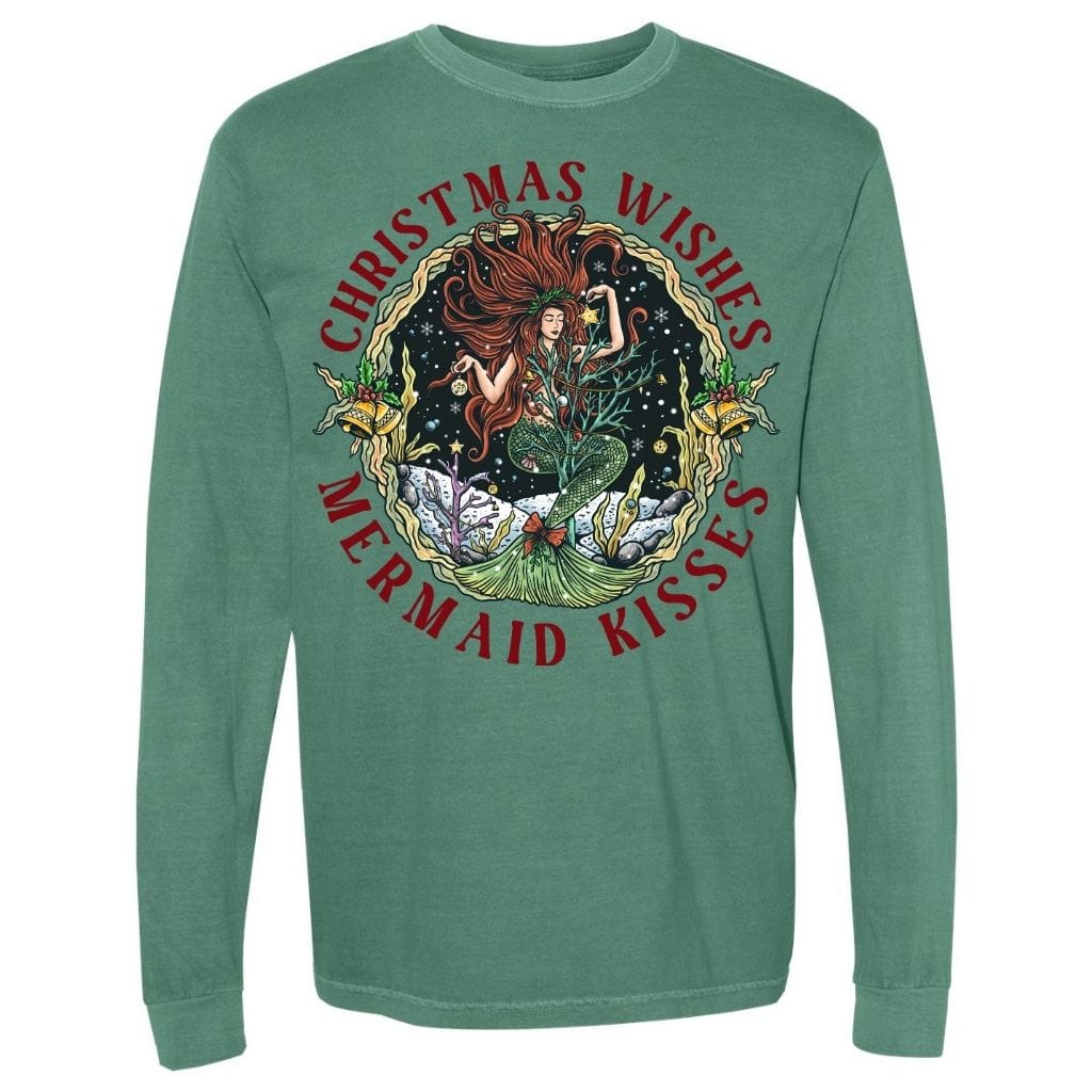 Mountains & Mermaids Christmas Mermaid Long Sleeve T-Shirt Small / Light Green