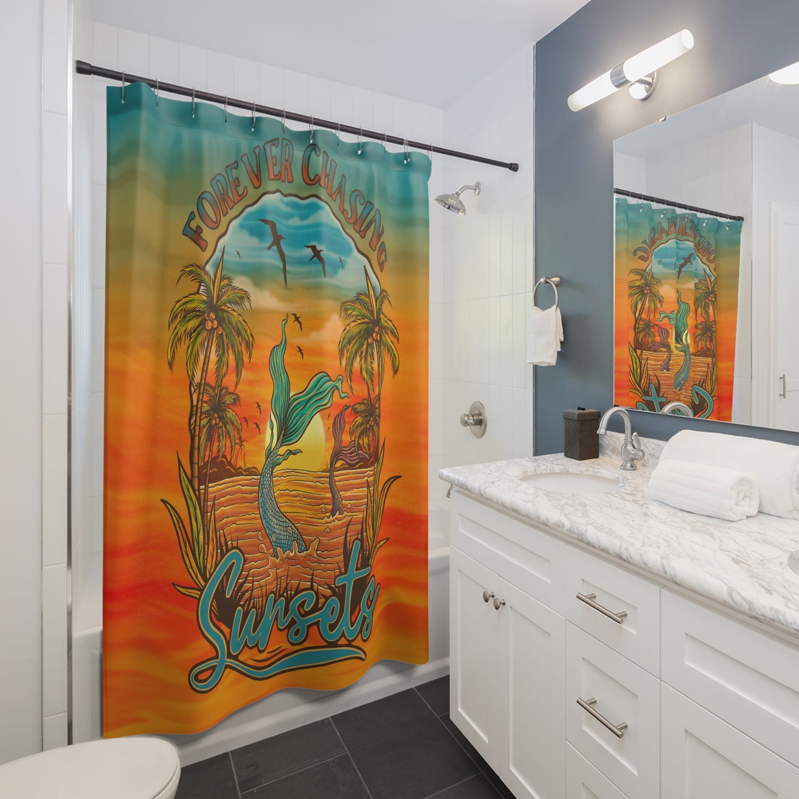 Mountains & Mermaids Forever Chasing Sunsets Shower Curtain 71" × 74" 11352377323444628260