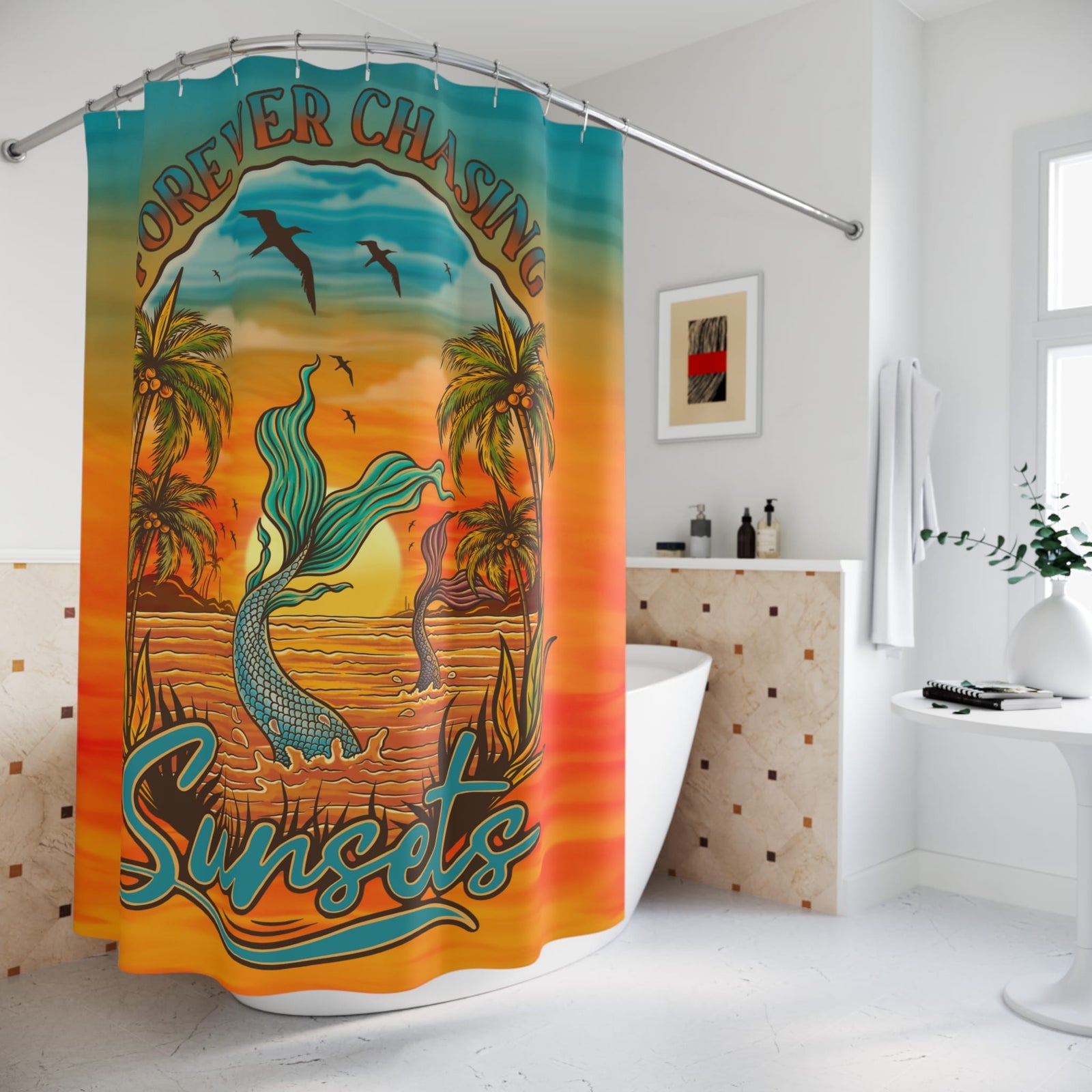 Mountains & Mermaids Forever Chasing Sunsets Shower Curtain 71" × 74" 11352377323444628260