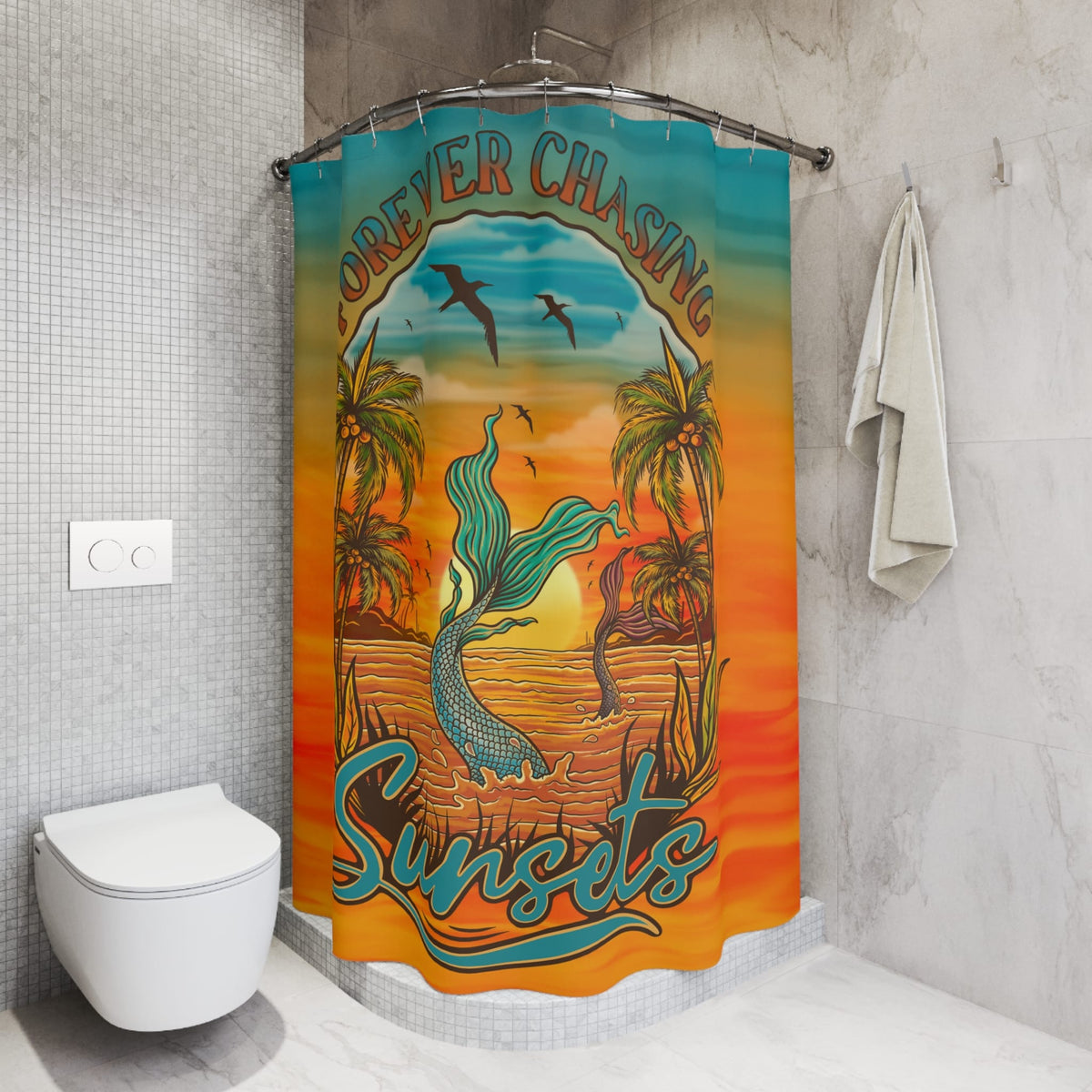 Mountains & Mermaids Forever Chasing Sunsets Shower Curtain 71" × 74" 11352377323444628260