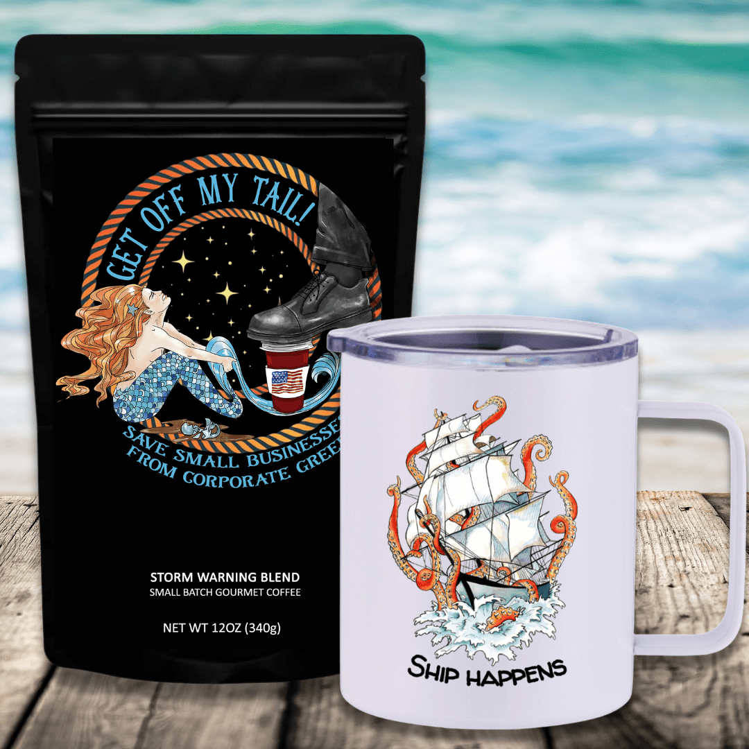 Mountains & Mermaids Get Off My Tail: Storm Warning Blend Travel Coffee Bundle Kraken Insulated Travel Mug / Ground MM2797