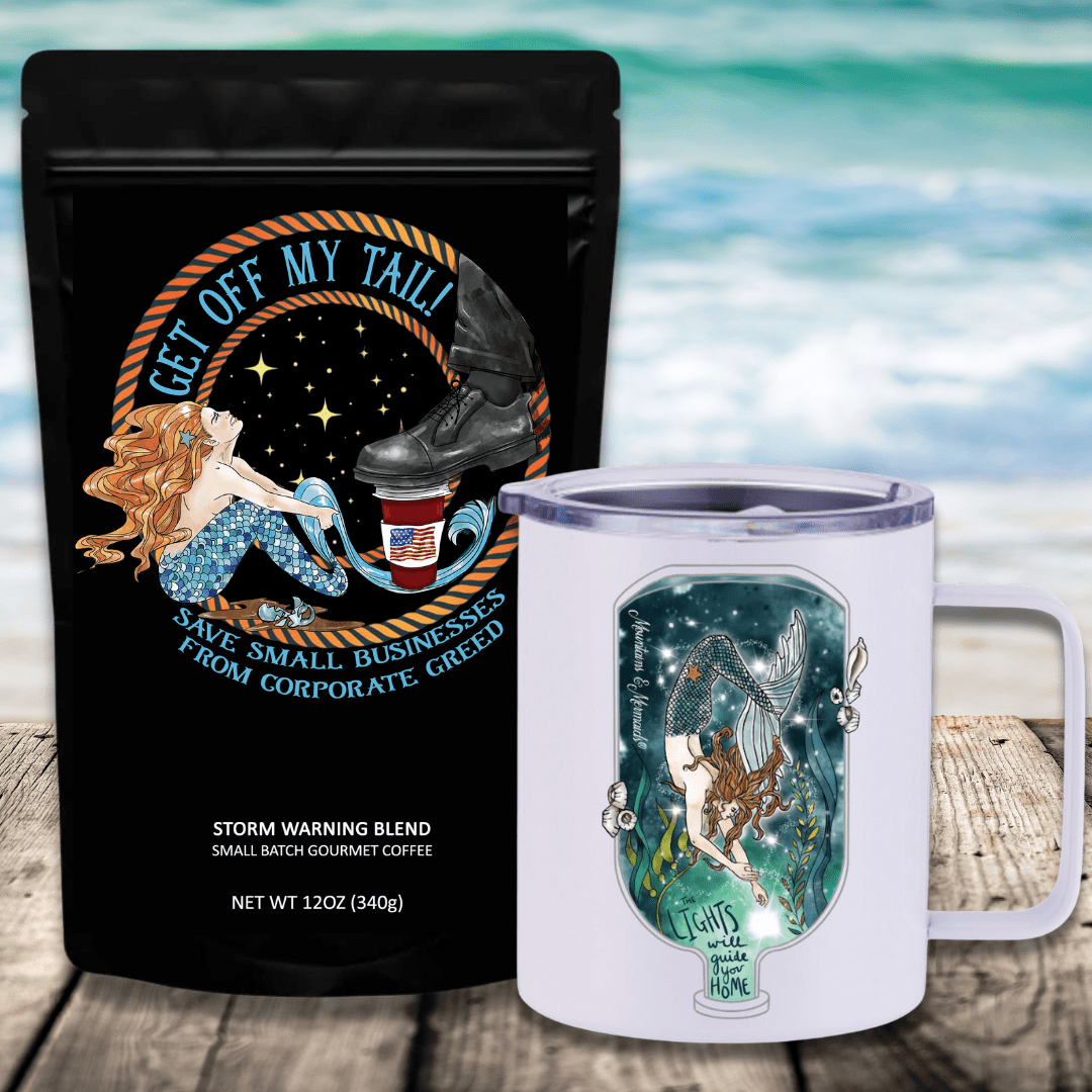 Mountains & Mermaids Get Off My Tail: Storm Warning Blend Travel Coffee Bundle Luminary Mermaid Insulated Travel Mug / Ground MM2815