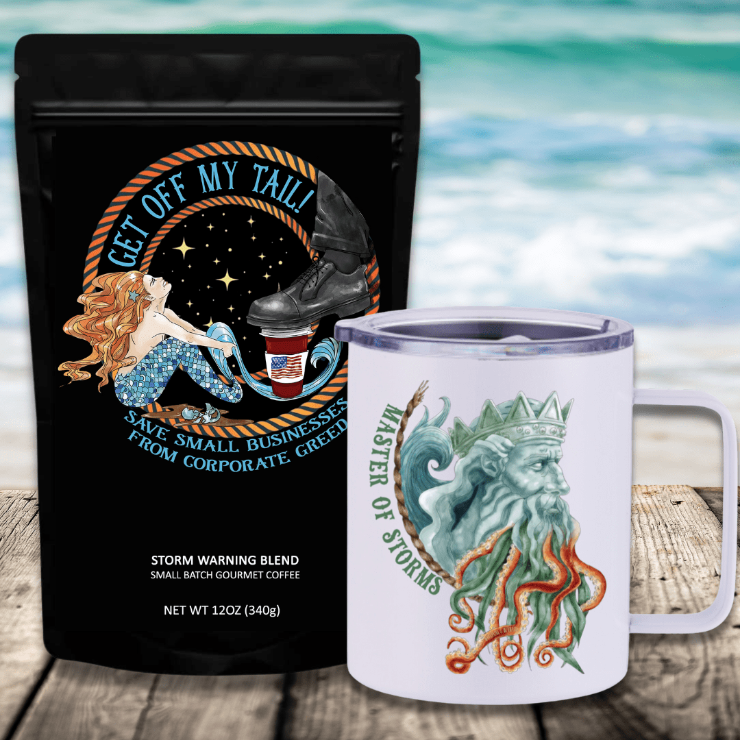 Mountains & Mermaids Get Off My Tail: Storm Warning Blend Travel Coffee Bundle Poseidon Insulated Travel Mug / Ground MM2795