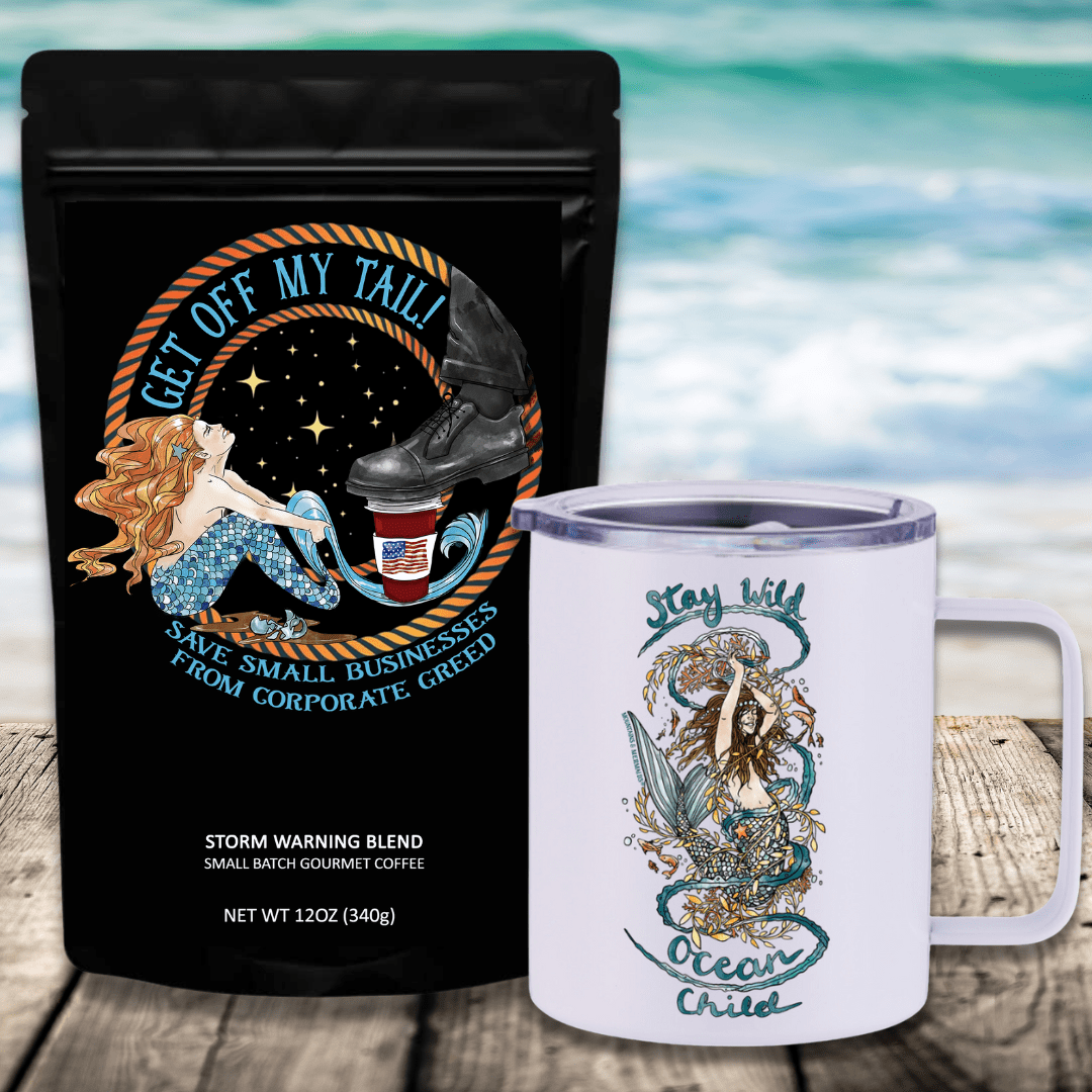 Mountains & Mermaids Get Off My Tail: Storm Warning Blend Travel Coffee Bundle Stay Wild Ocean Child Insulated Travel Mug / Ground MM2809