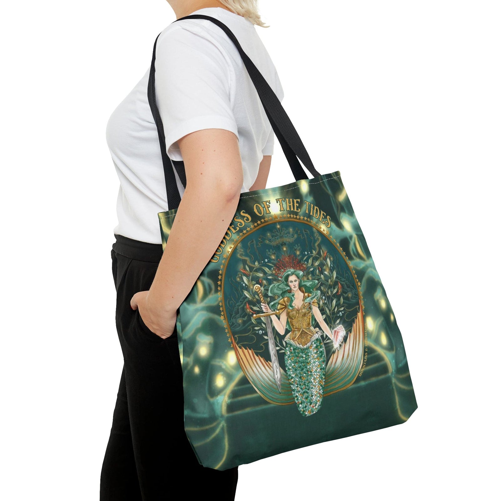 Mountains & Mermaids Goddess Of The Tides Tote Bag 18" × 18'' / Black 29741157675031609635