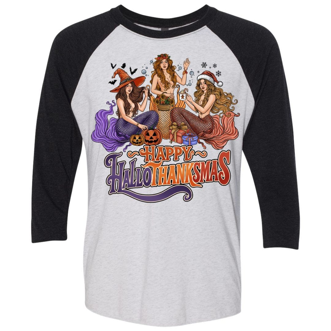 Mountains &amp; Mermaids Happy HalloThanksMas Mermaids Baseball T-Shirt (Black) Small