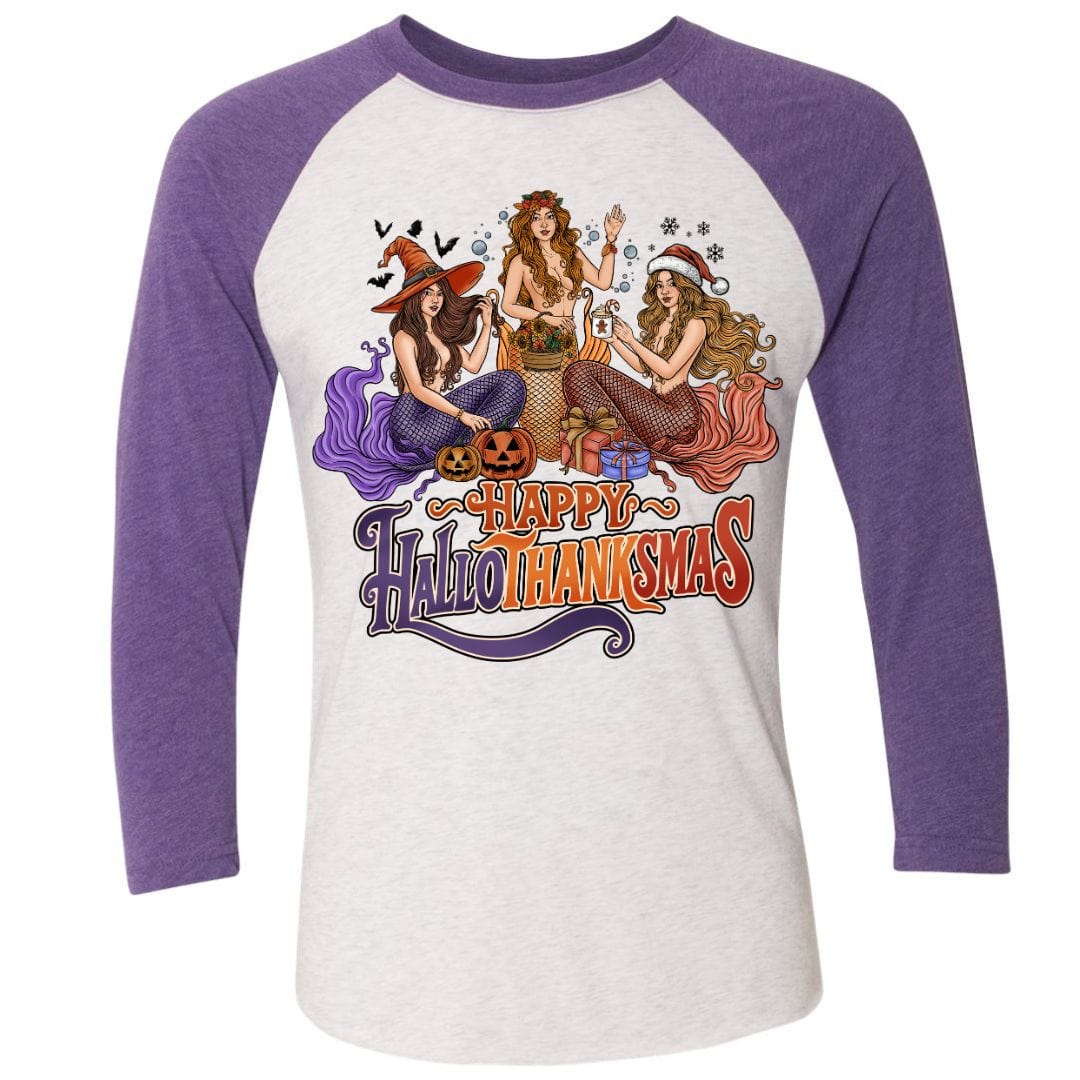 Mountains & Mermaids Happy HalloThanksMas Mermaids Baseball T-Shirt (Purple) Small