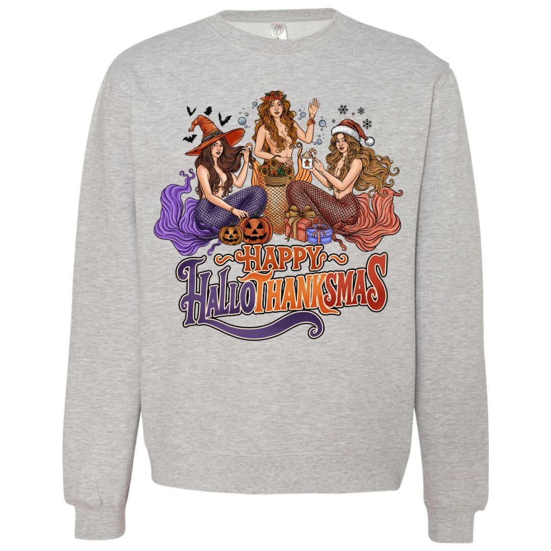 Mountains & Mermaids Happy HalloThanksMas Mermaids Crewneck Sweatshirt (Ash) Small