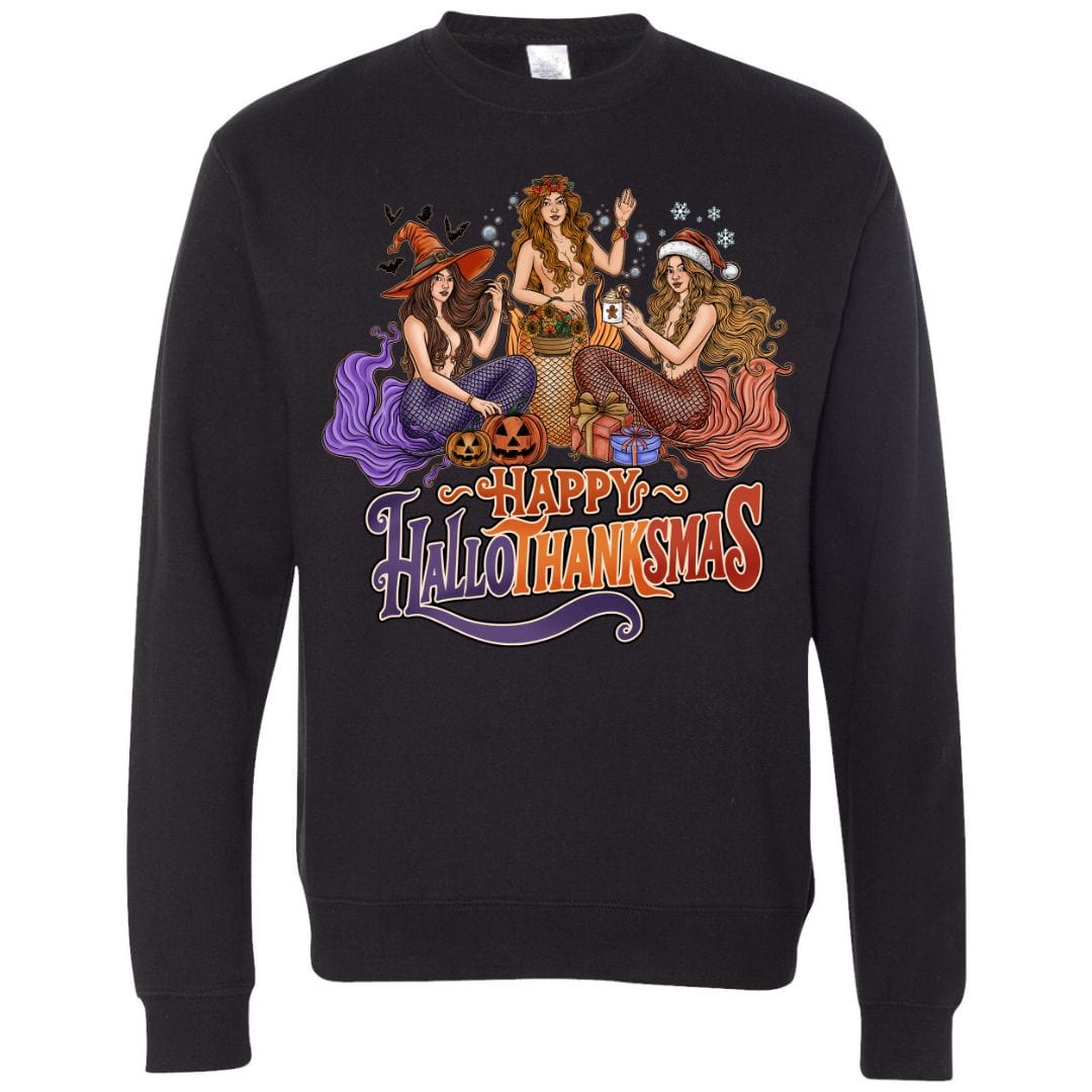 Mountains &amp; Mermaids Happy HalloThanksMas Mermaids Crewneck Sweatshirt (Black) Small