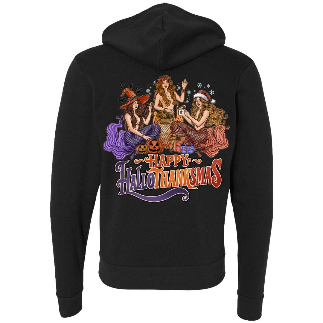 Mountains &amp; Mermaids Happy HalloThanksMas Mermaids Full Zip Fleece Hoodie (Black) S