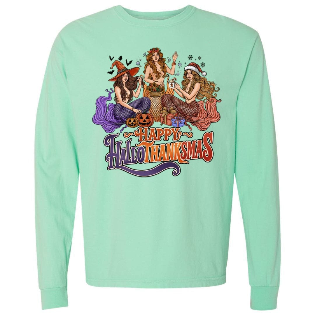 Mountains & Mermaids Happy HalloThanksMas Mermaids Long Sleeve T-Shirt (Island Reef) Small