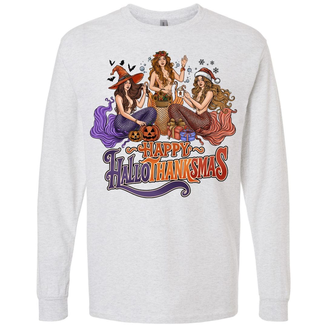 Mountains & Mermaids Happy HalloThanksMas Mermaids Long Sleeve T-Shirt Small / Ash Gray