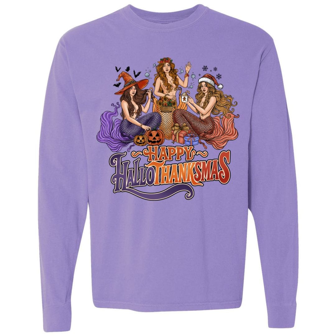 Mountains &amp; Mermaids Happy HalloThanksMas Mermaids Long Sleeve T-Shirt Small / Violet MM5700