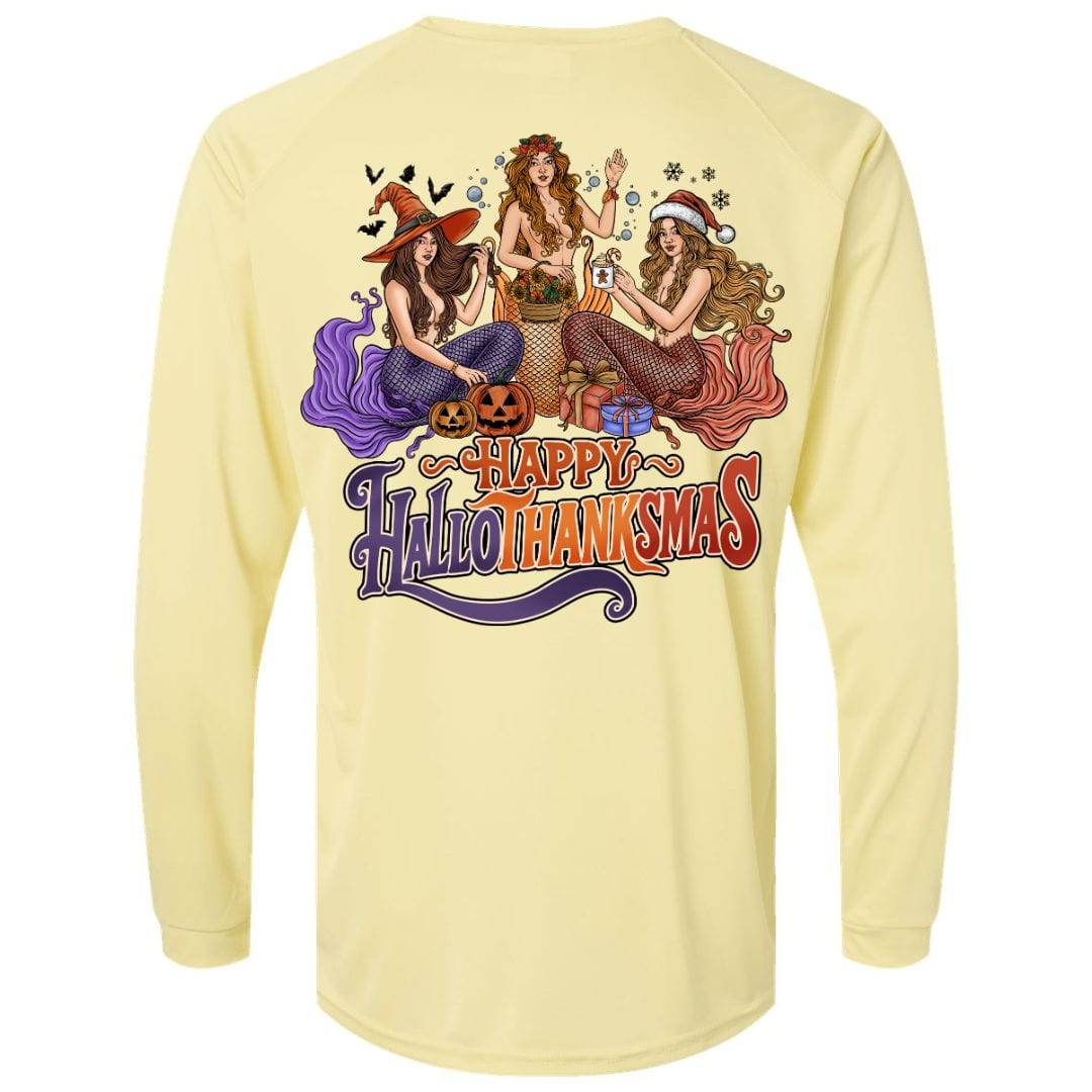Mountains & Mermaids Happy HalloThanksMas Mermaids Performance Sun Shirt (Butter) Small