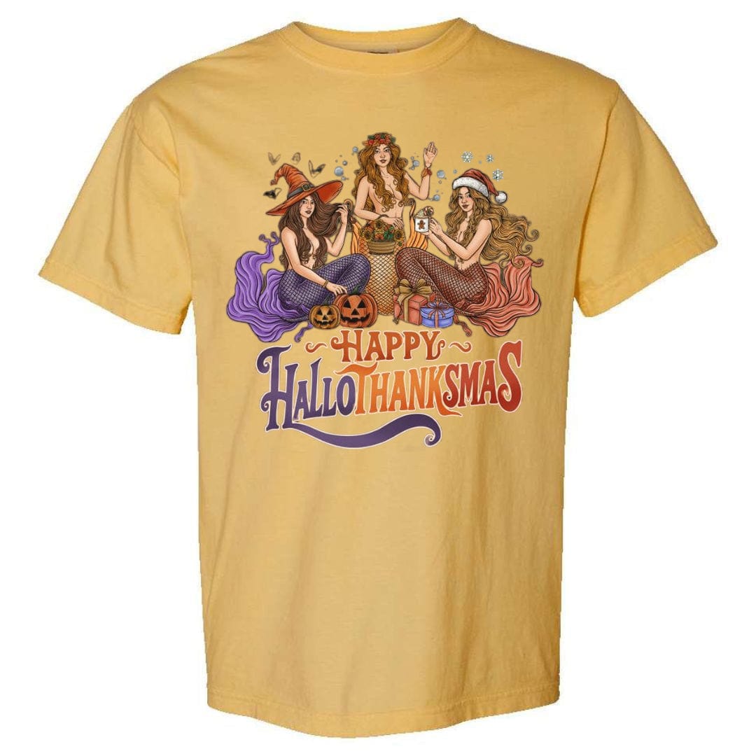 Mountains &amp; Mermaids Happy HalloThanksMas Mermaids T-Shirt (Marigold) Small