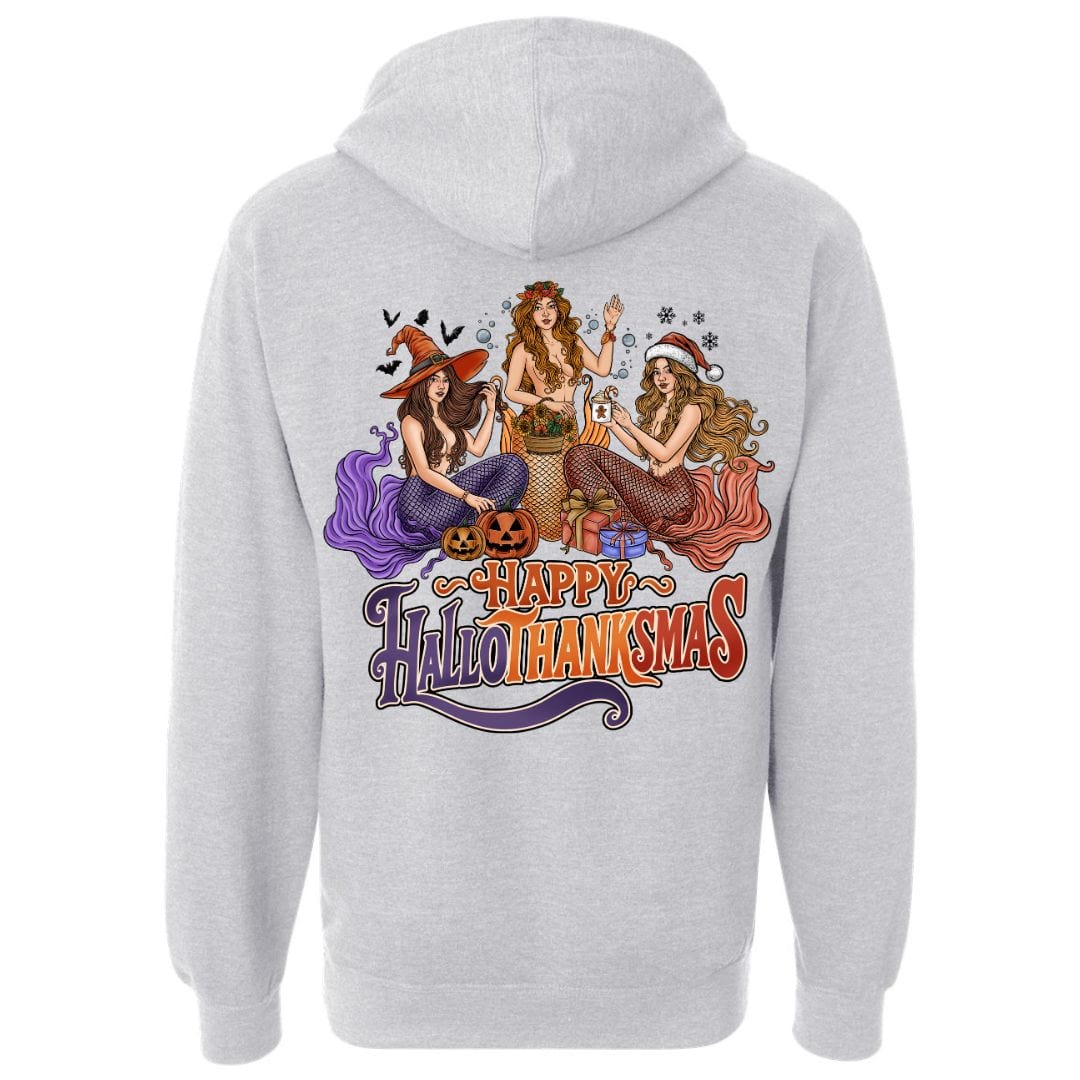 Mountains &amp; Mermaids Happy HalloThanksMas Pullover Hoodie (Ash) Small