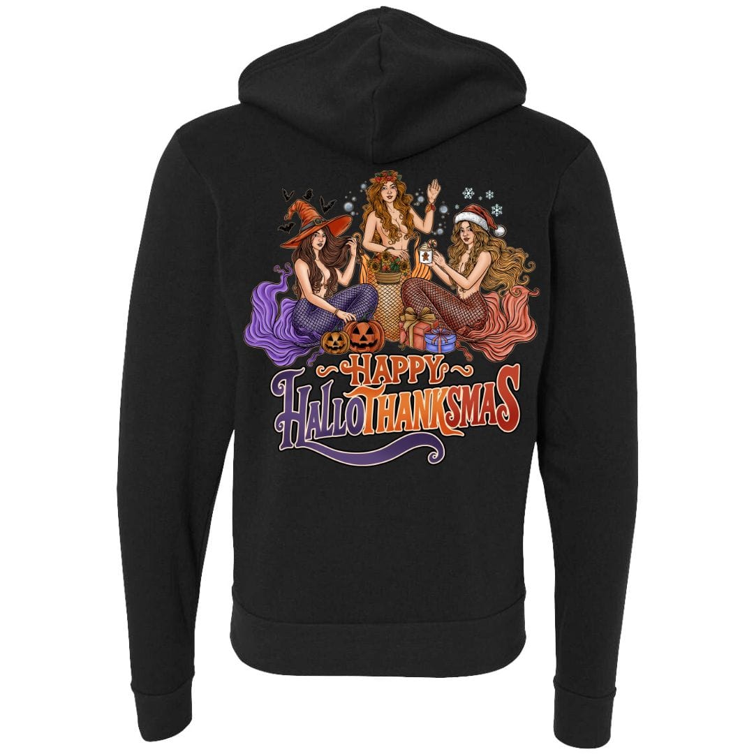 Mountains &amp; Mermaids Happy HalloThanksMas Pullover Hoodie (Black) Small