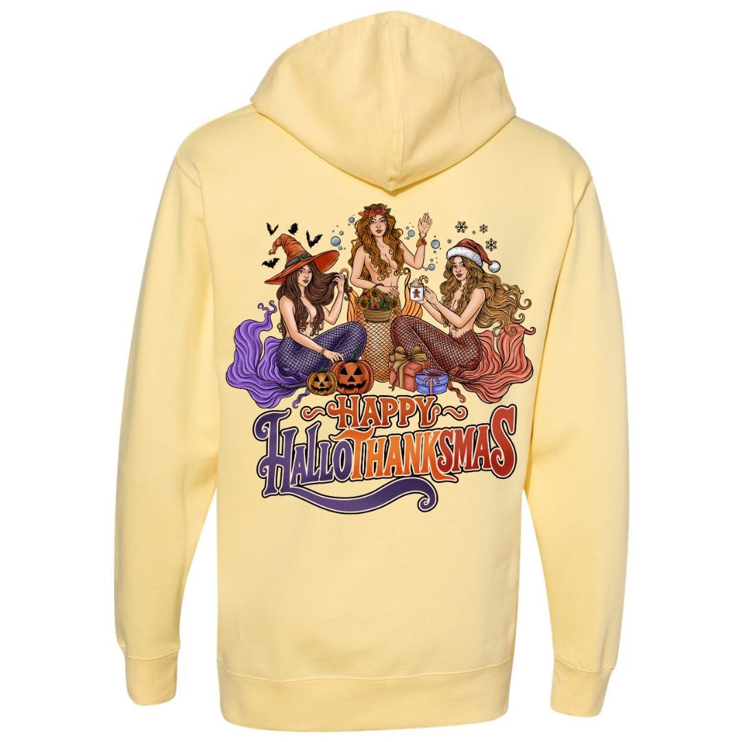 Mountains &amp; Mermaids Happy HalloThanksMas Pullover Hoodie (Butter) Small