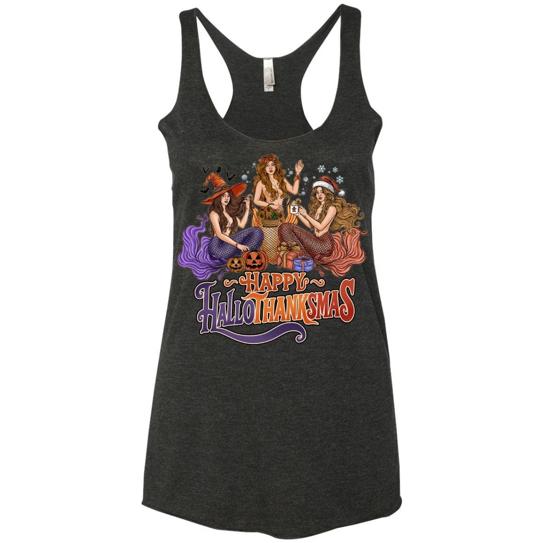 Mountains & Mermaids Happy HalloThanksMas Racerback Tank (Black) Small