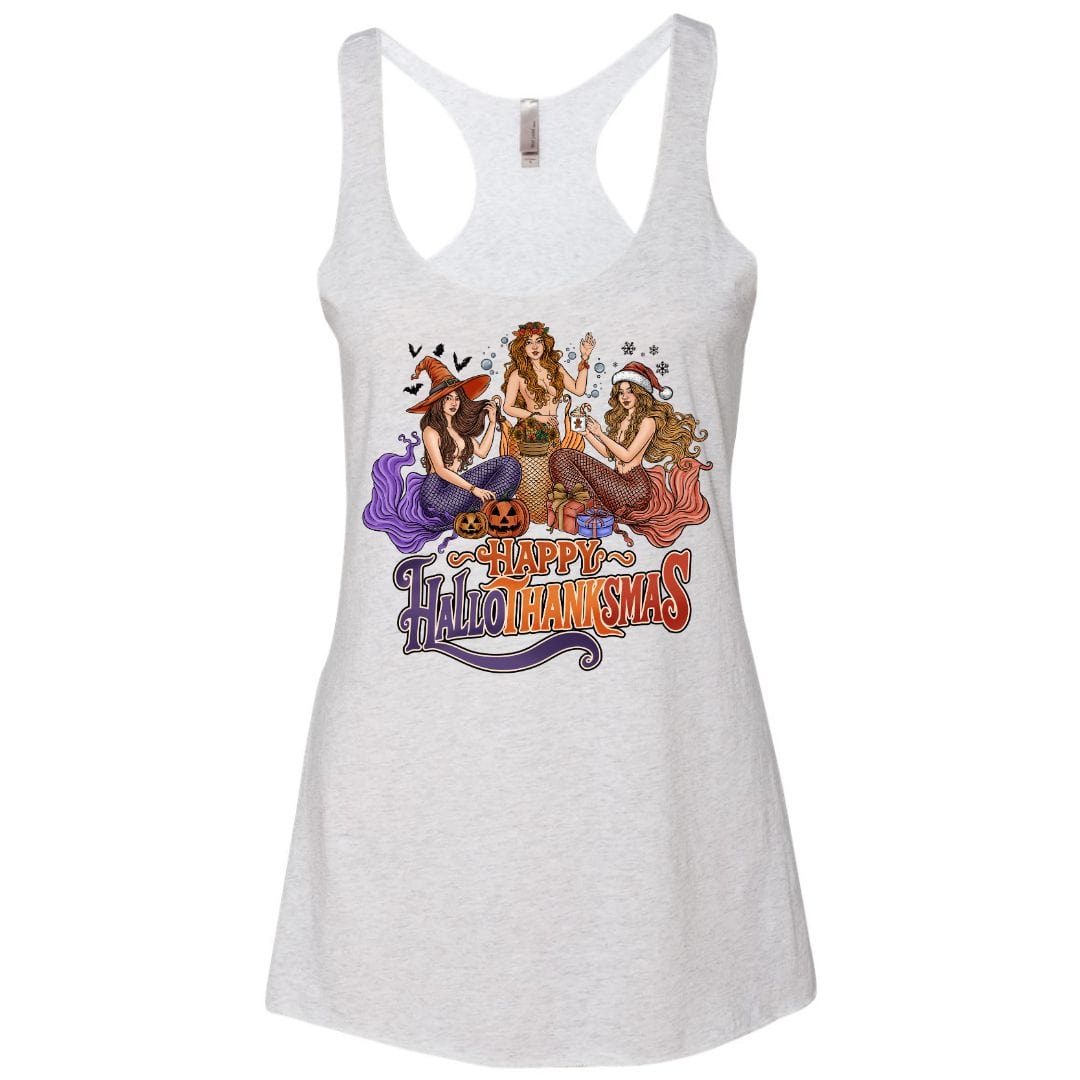 Mountains &amp; Mermaids Happy HalloThanksMas Racerback Tank (Heather White) Small