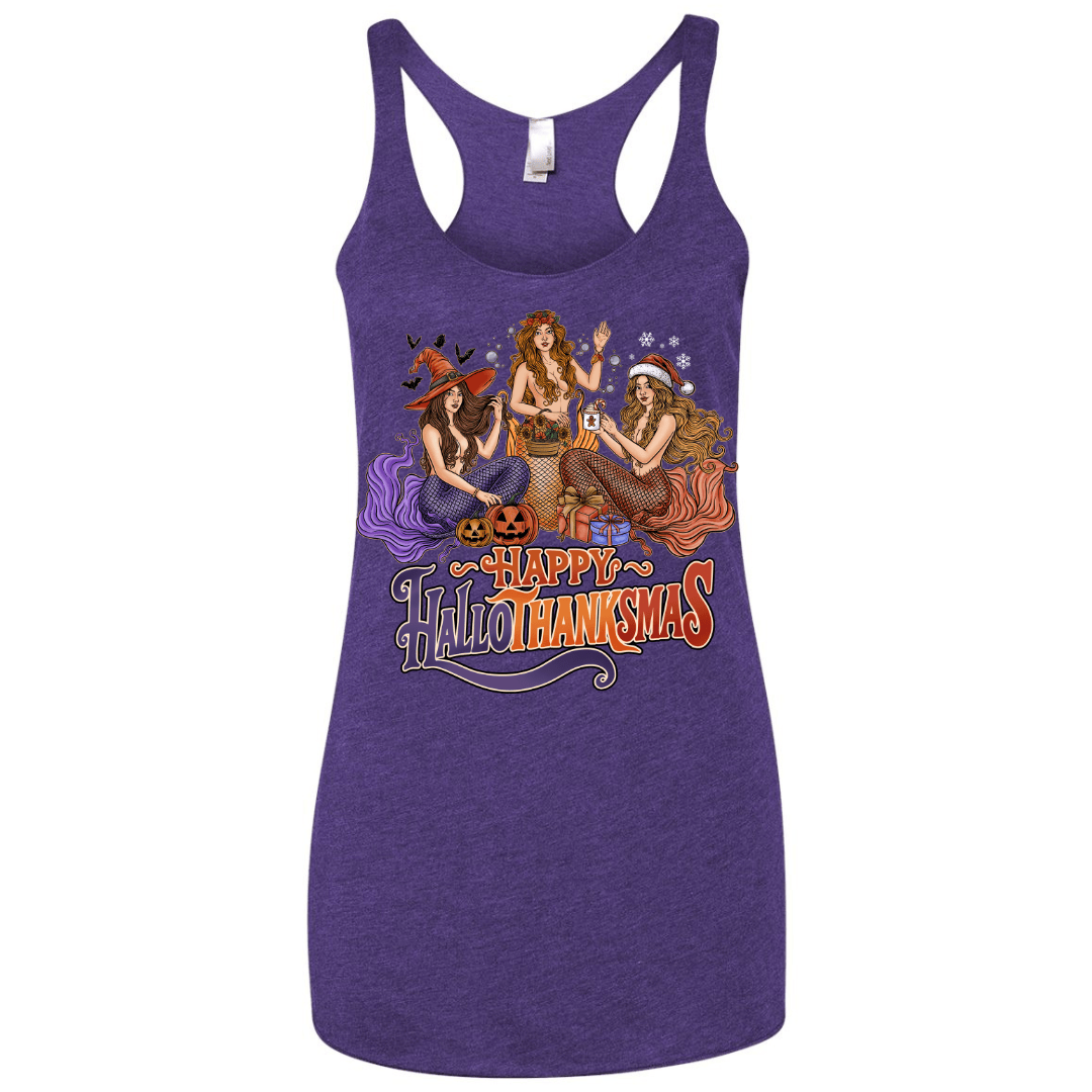 Mountains & Mermaids Happy HalloThanksMas Racerback Tank Small / Purple