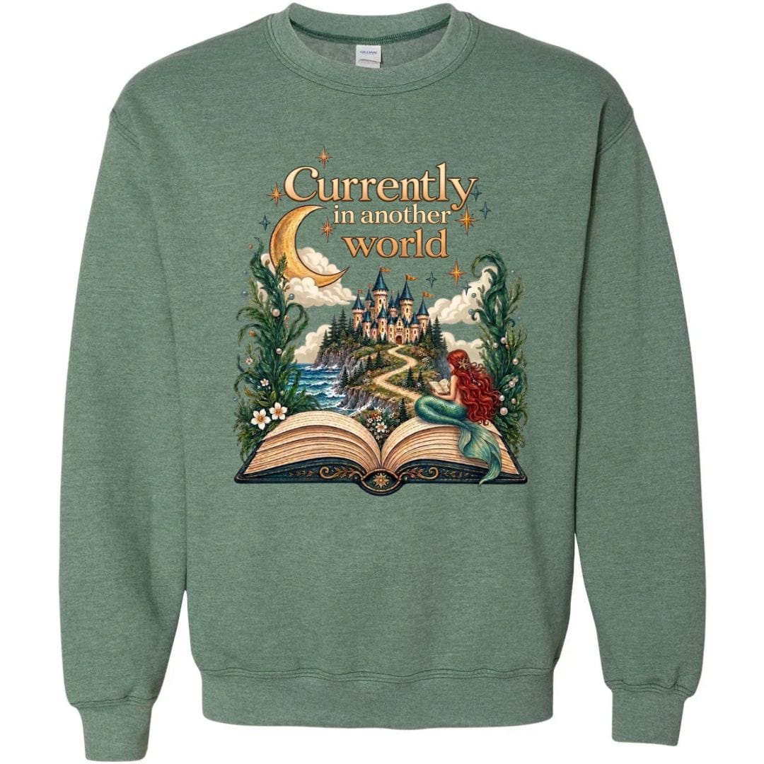 Mountains &amp; Mermaids In Another World Crewneck Sweatshirt Small / Heather Green