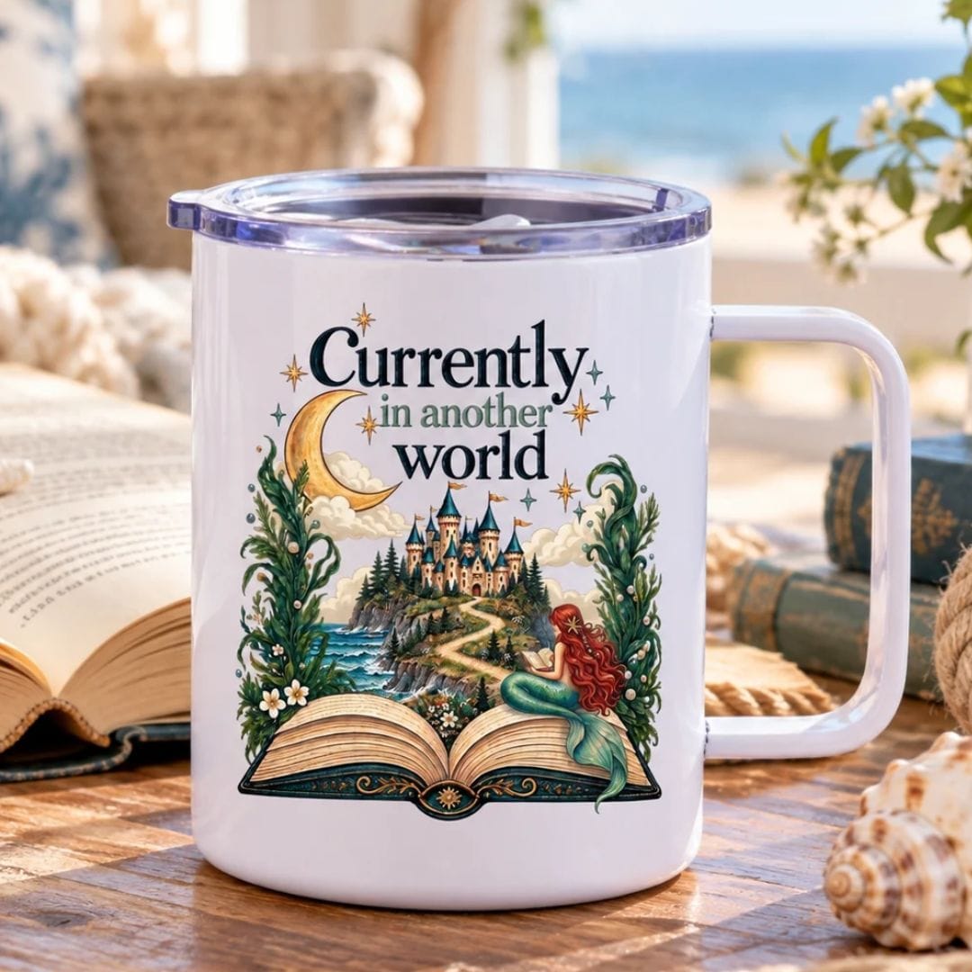 Mountains & Mermaids In Another World Fantasy Book Travel Mug