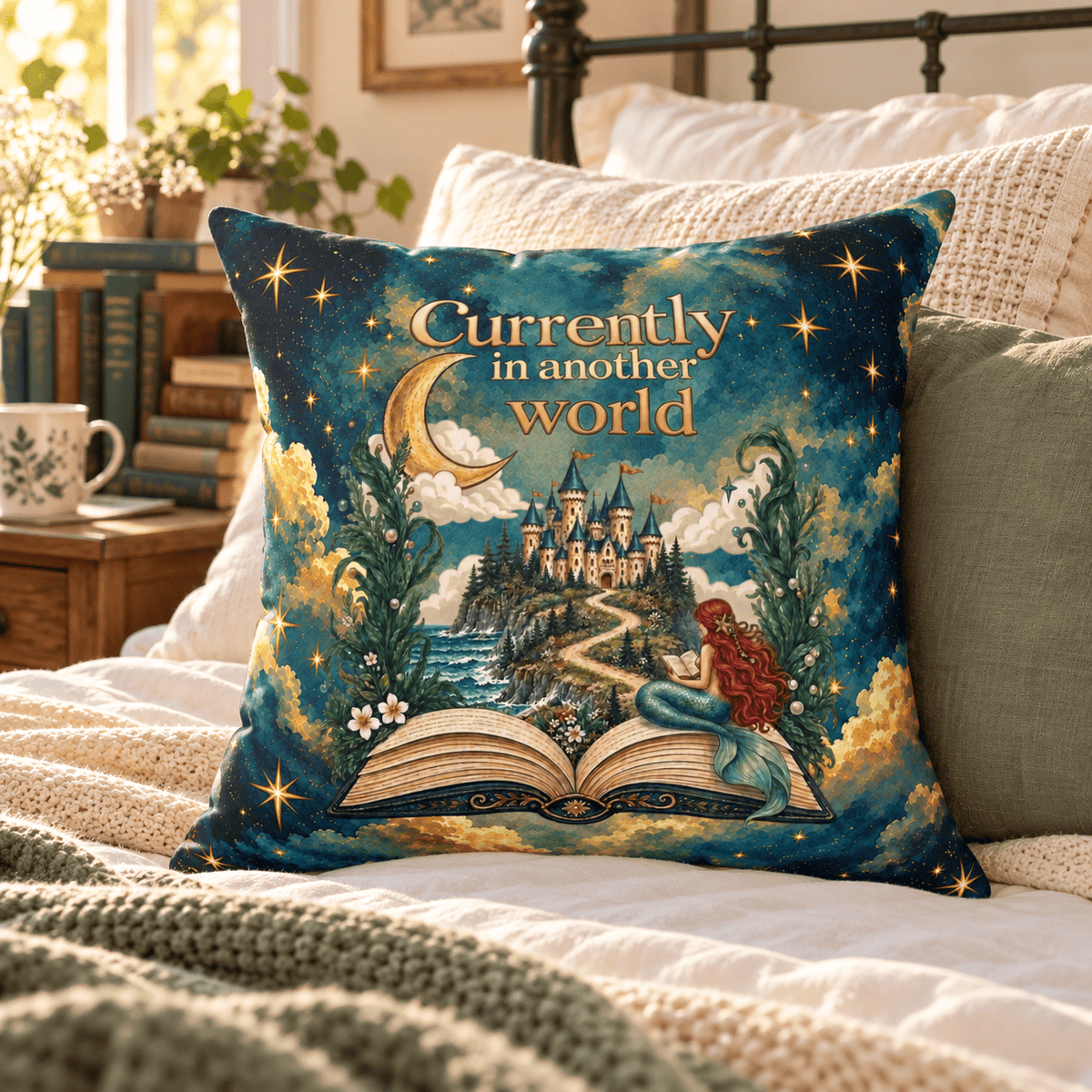 Mountains & Mermaids In Another World Throw Pillow