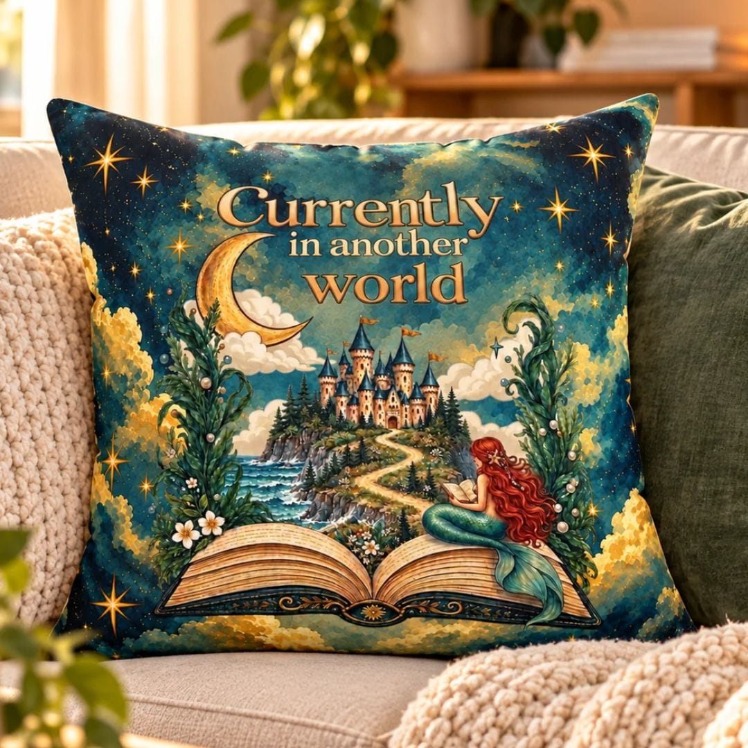 Mountains &amp; Mermaids In Another World Throw Pillow 14" × 14" 27110132367321826841
