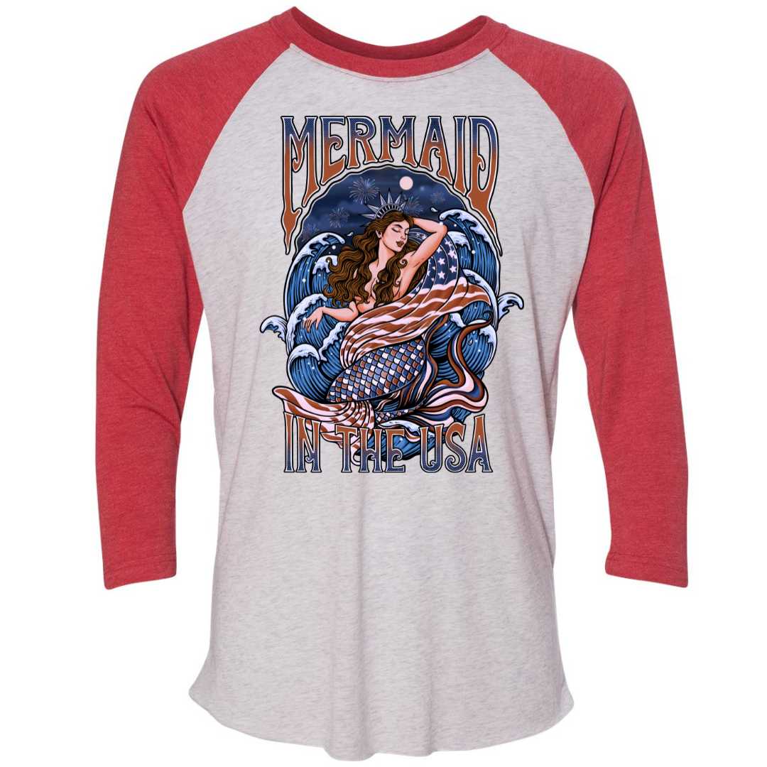 Mountains &amp; Mermaids Lady Liberty Baseball T-Shirt (Vintage Red) Small