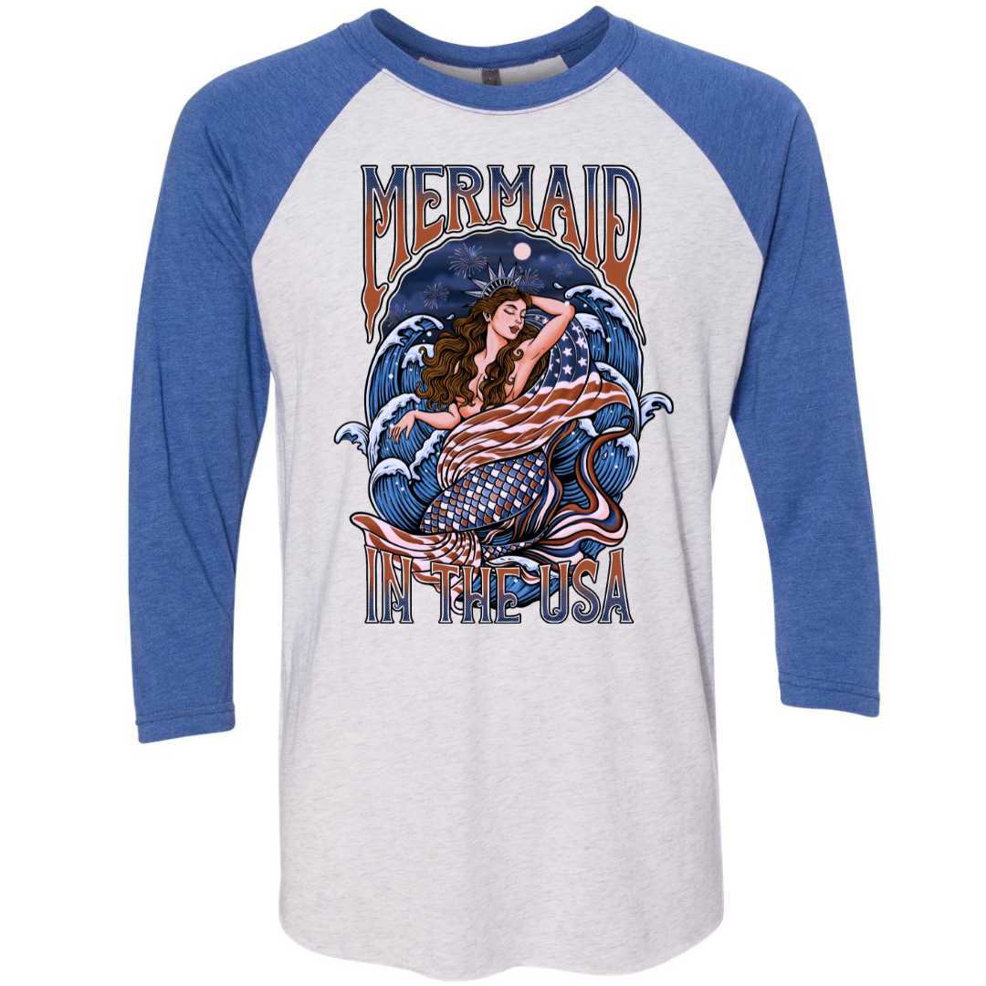 Mountains & Mermaids Lady Liberty Baseball T-Shirt (Vintage Royal) Small