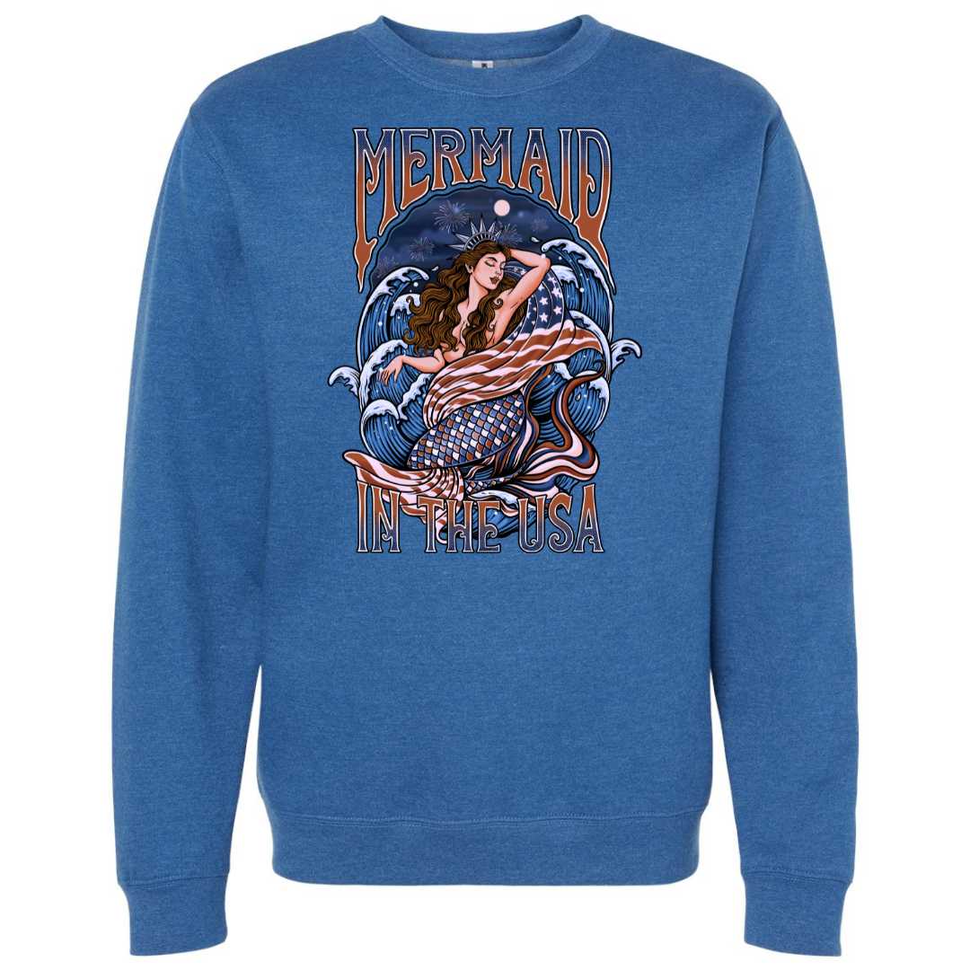 Mountains &amp; Mermaids Lady Liberty Crewneck Sweatshirt (Cool Royal) Small MM4687
